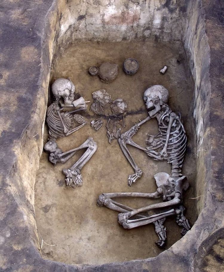 Andronovo Culture grave with two adults and two small children with three funerary vessels placed above their heads.