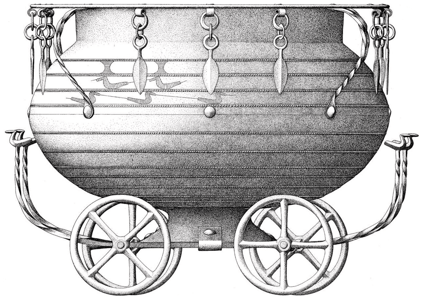 Skallerup cult wagon from Trudshøj, Denmark (1300 BC - 1100 BC). It contained ashes and bones and was found in a burial mound in a wooden coffin. An import from Eastern Central Europe.