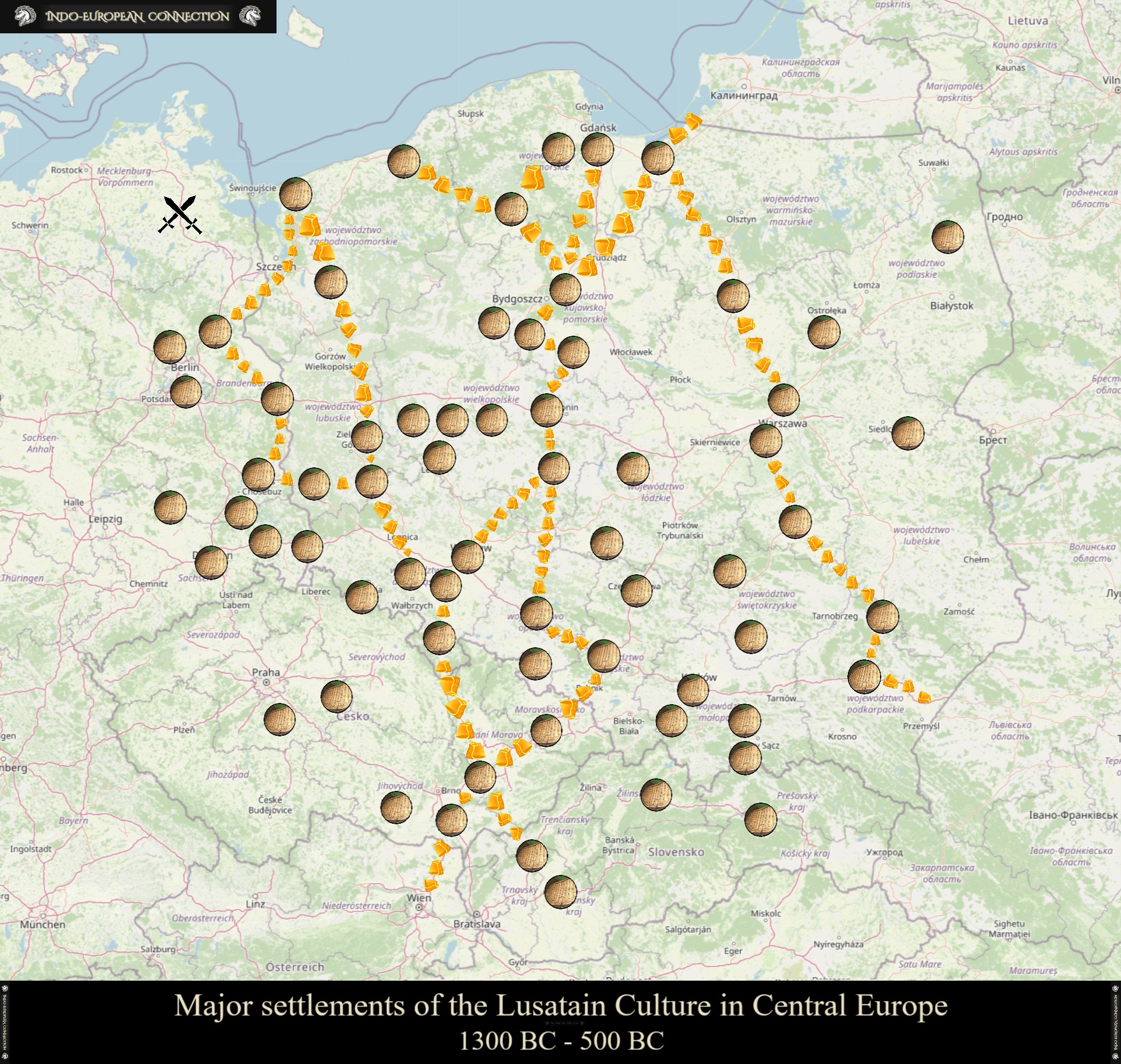 Map of all major Lusatian Culture settlements in Central Europe Germany, Poland, Czechia, Slovakia with marked multiple amber road paths between settlements