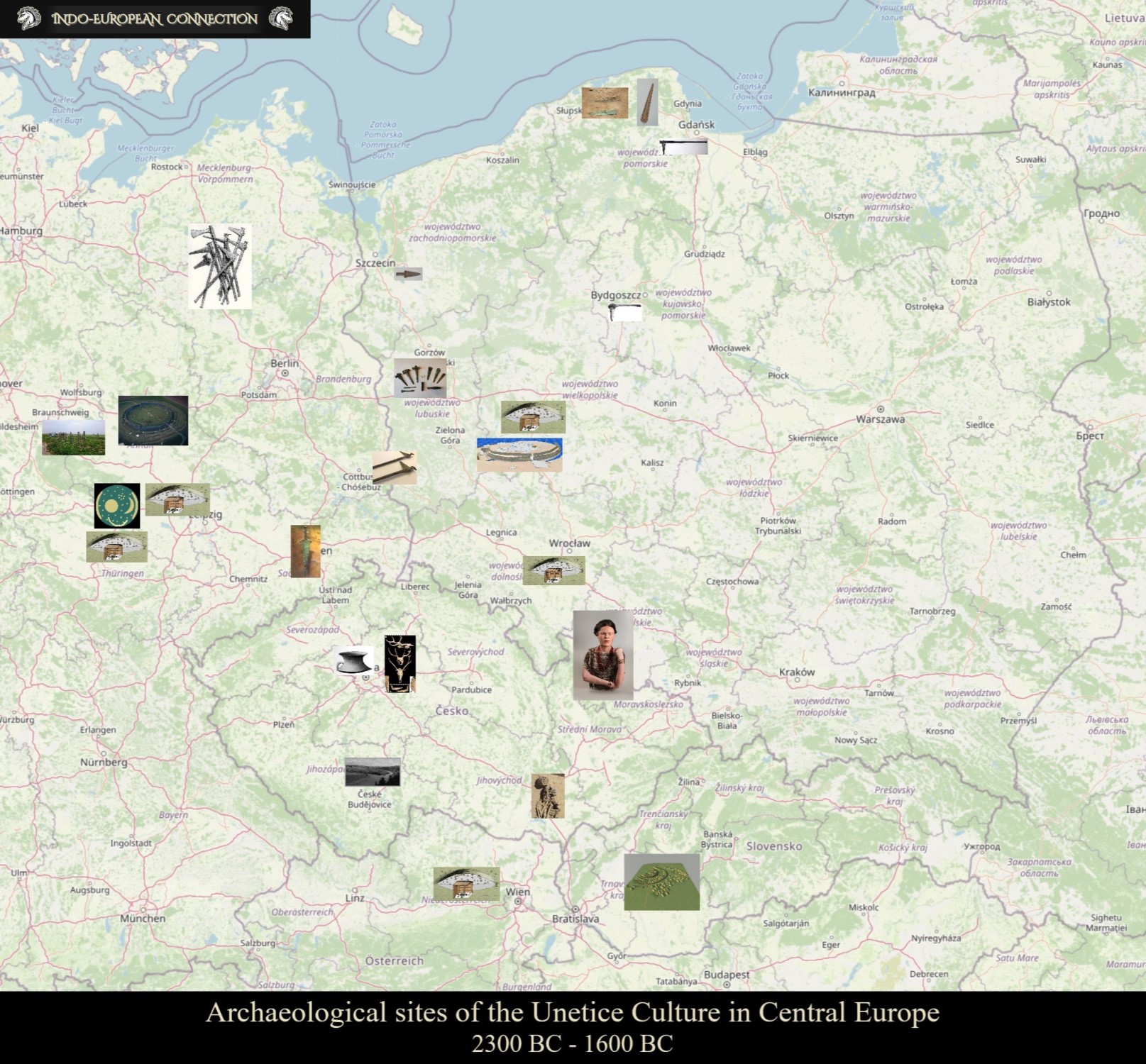 All archaeological sites of the Unetice Culture (2300 BC - 1600 BC) in Central Europe known until the year 2022. The shown Unetice sites do not appear on the Eastern side of the Vistula river.