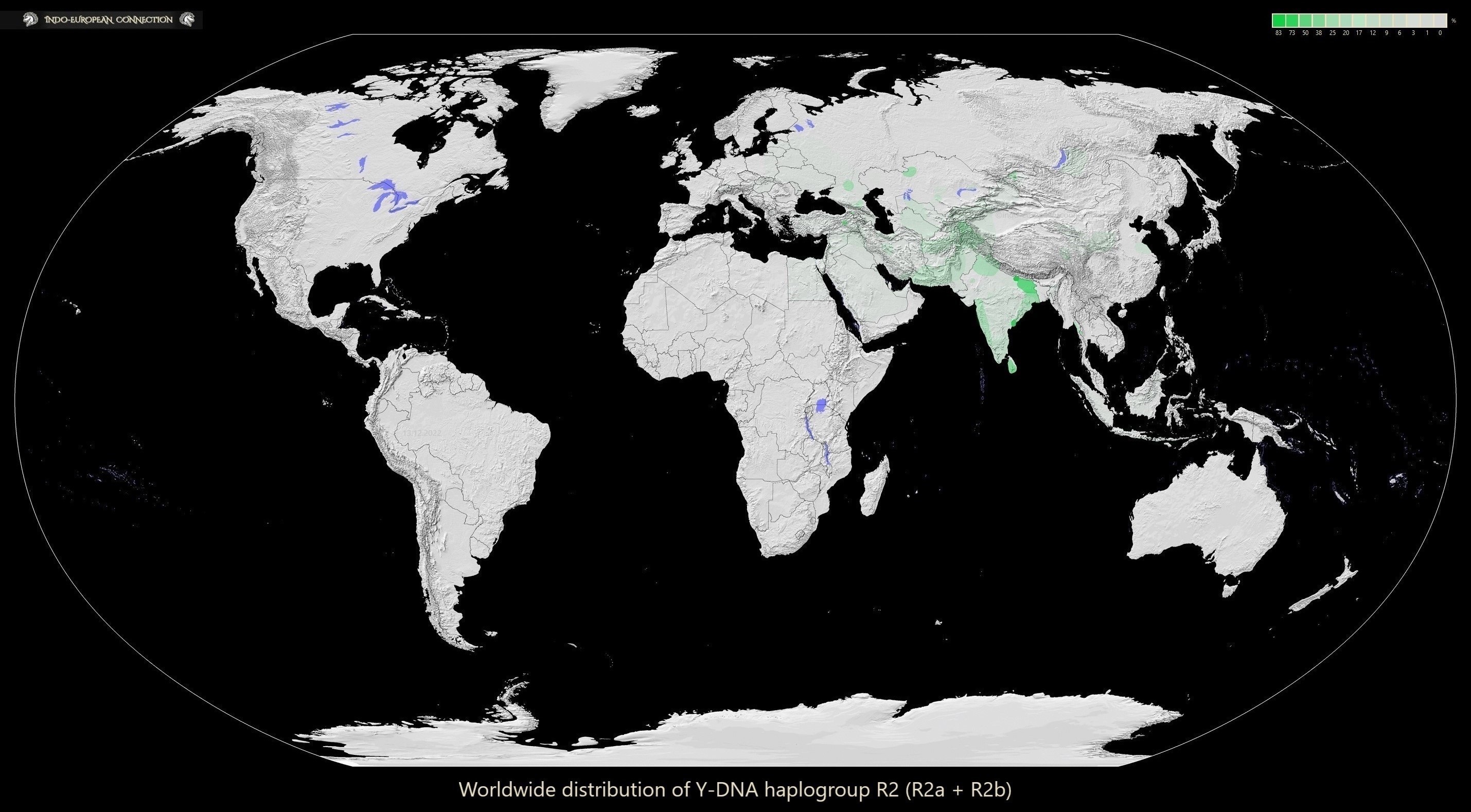 Heatmap showing the worldwide distribution of Y-DNA haplogroup R2 in green color. The green color does not appear outside Eurasia and has the highest brightness in South Asia and Central Asia. Kazakhstan contains a dot-like pattern of Y-DNA R2 distribution just like China and Iran. In Mongolia the Kalmyk Dörwöds (Dörbet) carry a very high amount of this haplogroup: 15.3%, while the Eastern Mongolia does not have any R2a represented by the green color, it is covered in the light gray color like the rest of the world, especially Americas. The only place close to Mongolia with Y-DNA is the Buryat Republic, where 2.7% of R2a appears. There is also a significant amount of R2a in the Sason district of Turkey and in West-North Thailand in the lands of Mon. North of Caucasus the only green islands on this map are Kalmykia, Ossetia and Chechnya. Eastern Europe is covered in only very faint shade of green because the amount of Y-DNA haplogroup R2a does not exceed 1% there. ©indo-european-connection