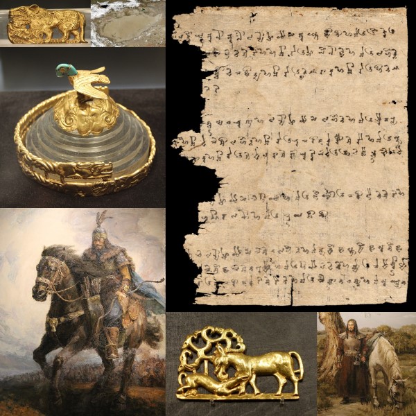 The collage of images with Xiongnu golden crown, the Saka Khotanese script, horse mounted Xiongnu warriors from China and the Taklamakan desert