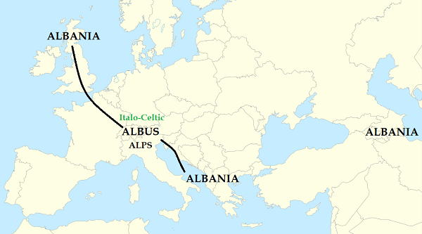 The source of the name for Albania in many different regions is Italo-Celtic word alb meaning mountain